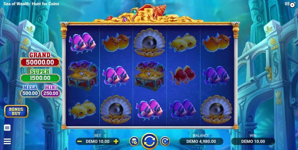 Main gameplay screen of the Sea of Wealth slot by Evoplay, showing the 5x3 reels.