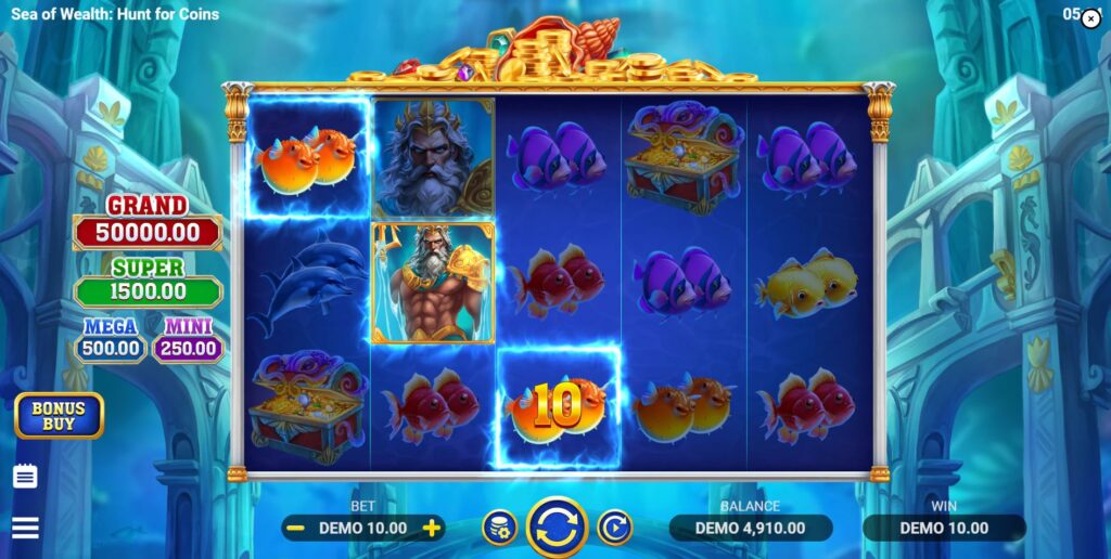 A winning payline in the Sea of Wealth game featuring the Poseidon Wild symbol.