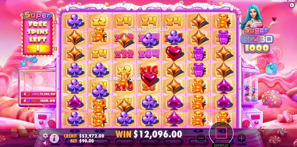 Sugar Gizbo 1000 Free Spins round with sticky and growing multiplier spots
