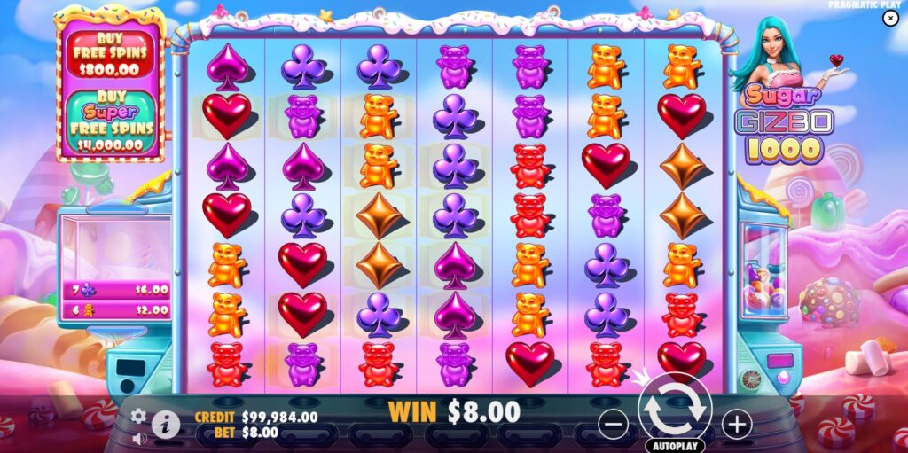 Sugar Gizbo 1000 slot main game screen with 7x7 grid and candy symbols.
