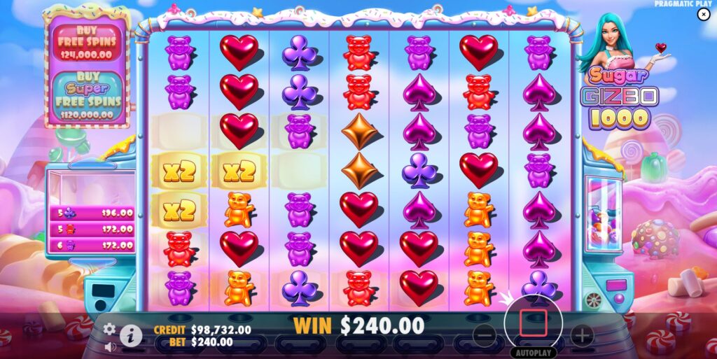 Multiplier Spots feature showing active multipliers on the Sugar Gizbo 1000 grid