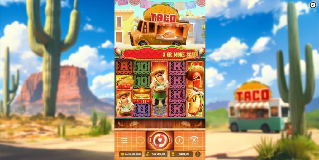 The 5x4 reel layout of the Taco Truck Delight slot during standard gameplay, showing cartoon food symbols.
