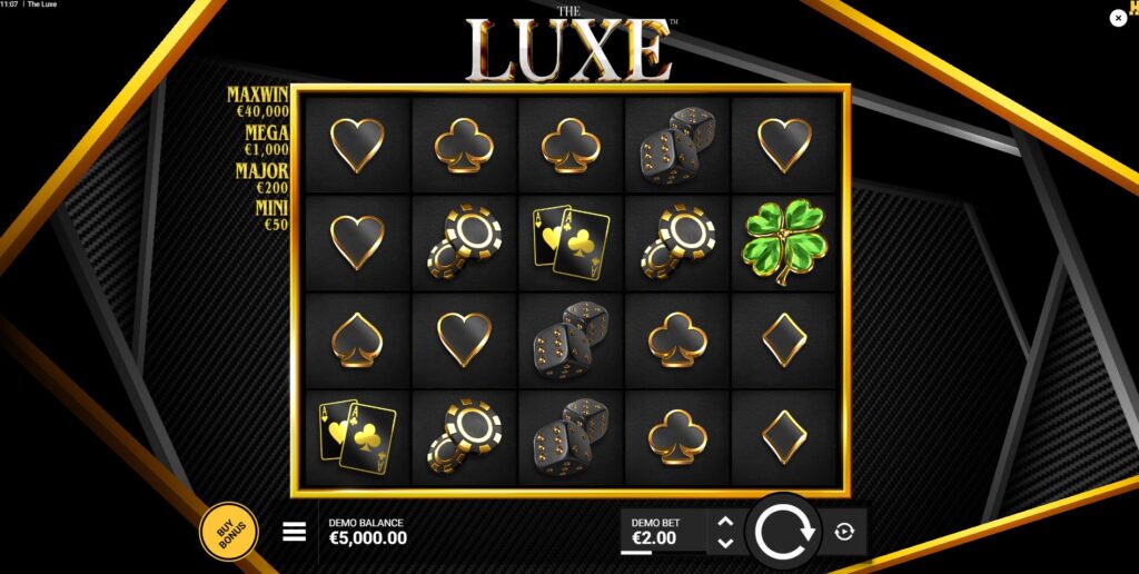 The Luxe slot main game screen by Hacksaw Gaming with golden symbols.