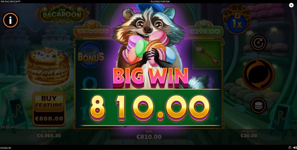 A big win screen on The Racaroon slot showcasing its payout potential.