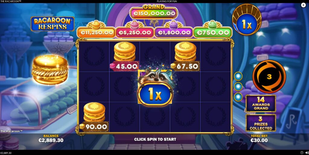 The Racaroon Respins hold-and-win bonus feature with 3 initial respins.