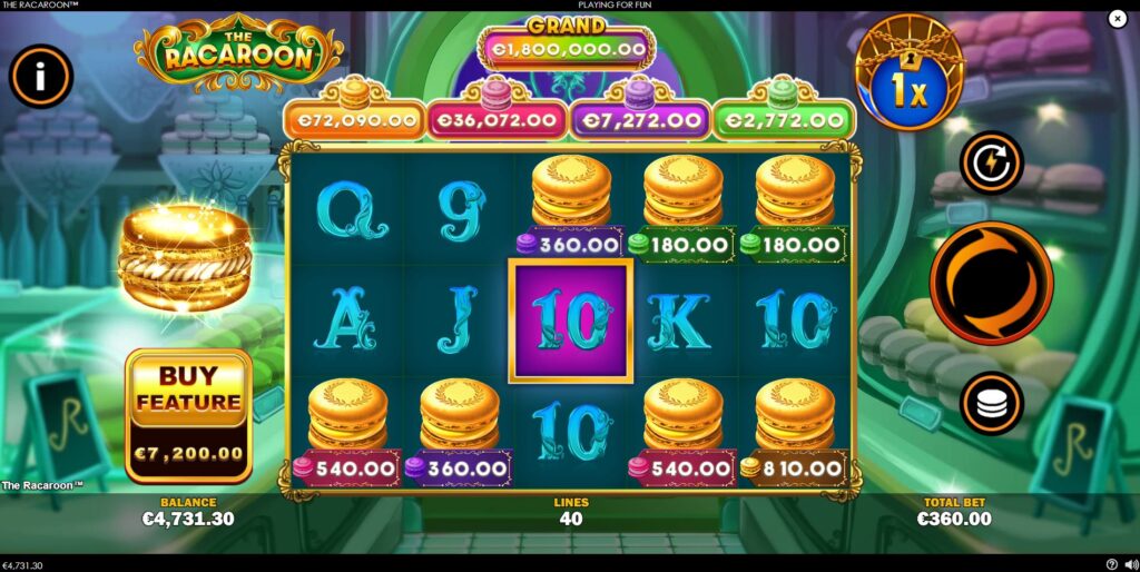 The Racaroon slot machine main game screen with a 5x3 grid and a raccoon character.