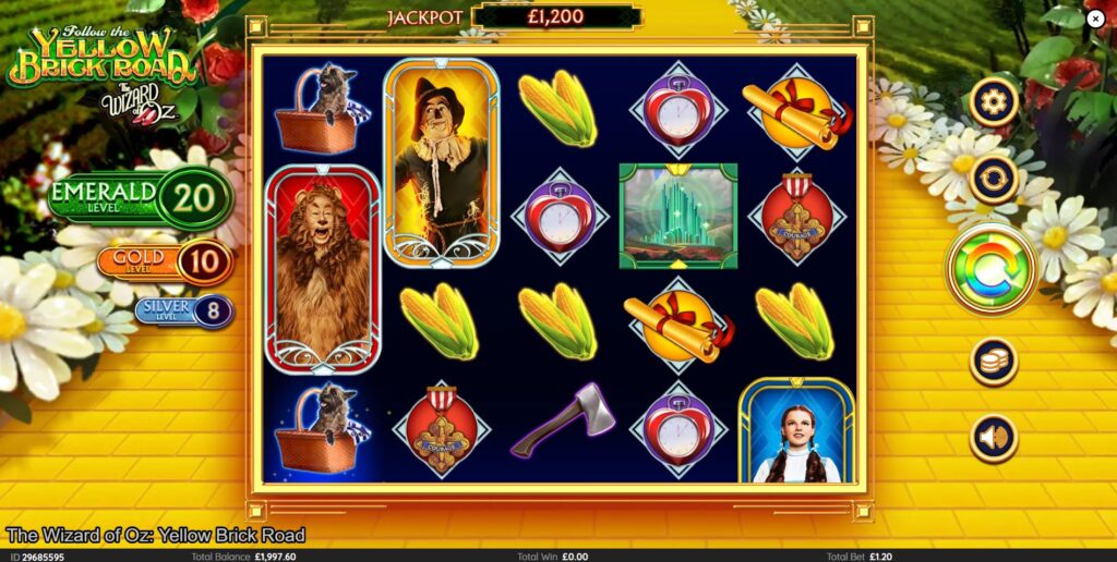 The base game screen of The Wizard of Oz: Follow the Yellow Brick Road slot, showing the reels and progressive meters.