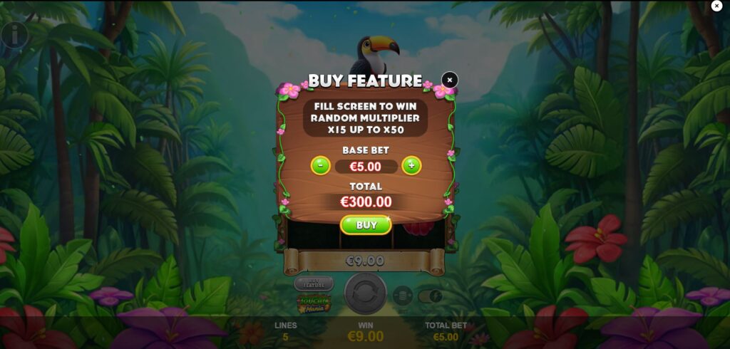 The Buy Feature menu in the Toucan Mania slot, showing the cost to trigger the bonus.