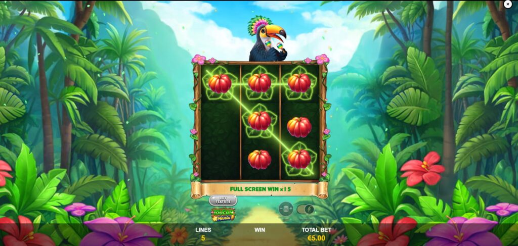 Locked symbols during the Respins feature in the Toucan Mania game.