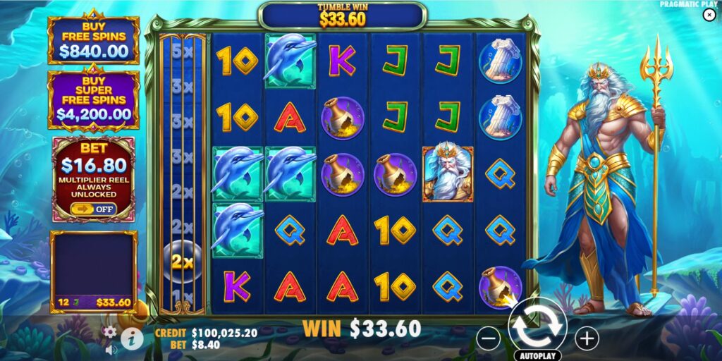 Waves of Poseidon slot base game screen by Pragmatic Play showing reels and Poseidon character.