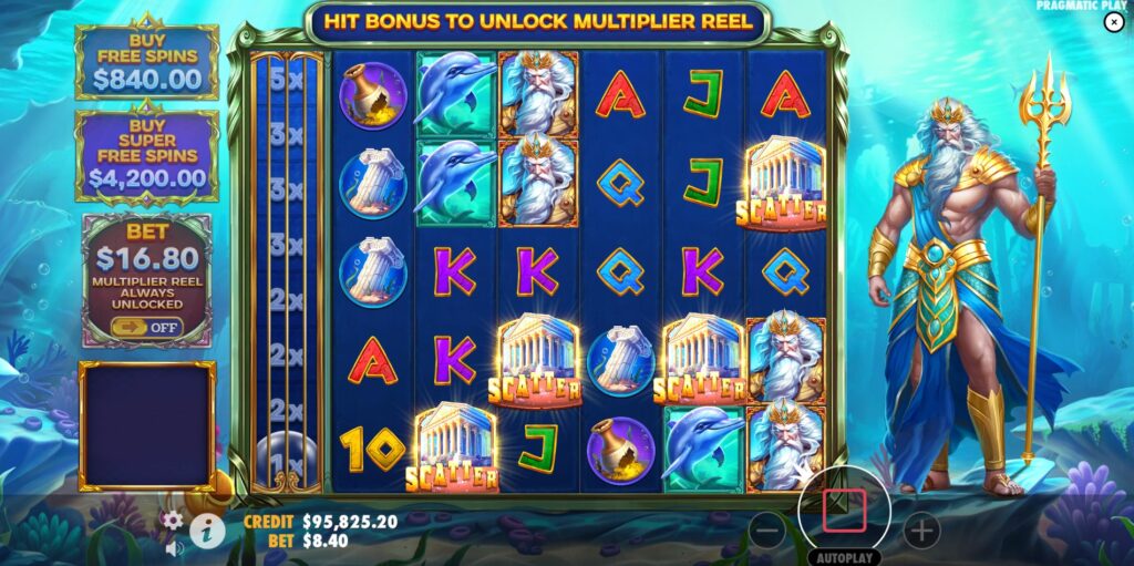 Scatter symbols triggering the Free Spins feature in Waves of Poseidon slot.
