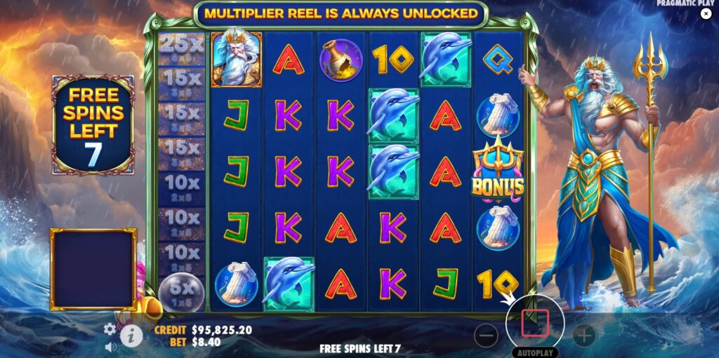 Waves of Poseidon Super Free Spins feature with persistent multiplier reel values.