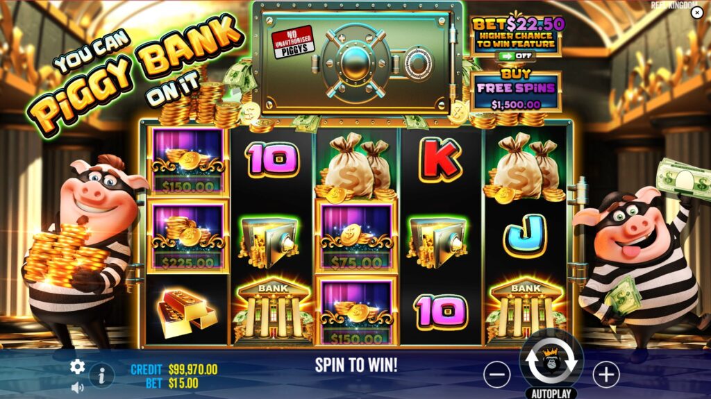 The base game screen of the You Can Piggy Bank On It slot, showing the reels and main characters.