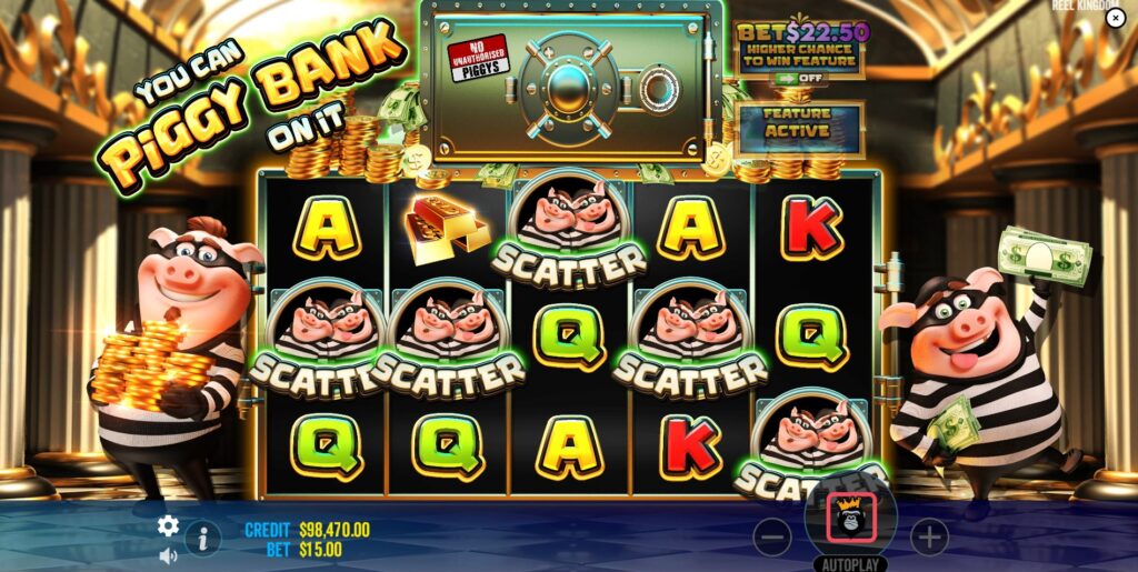 Three Scatter symbols landing on the reels to trigger the Free Spins feature in You Can Piggy Bank On It.