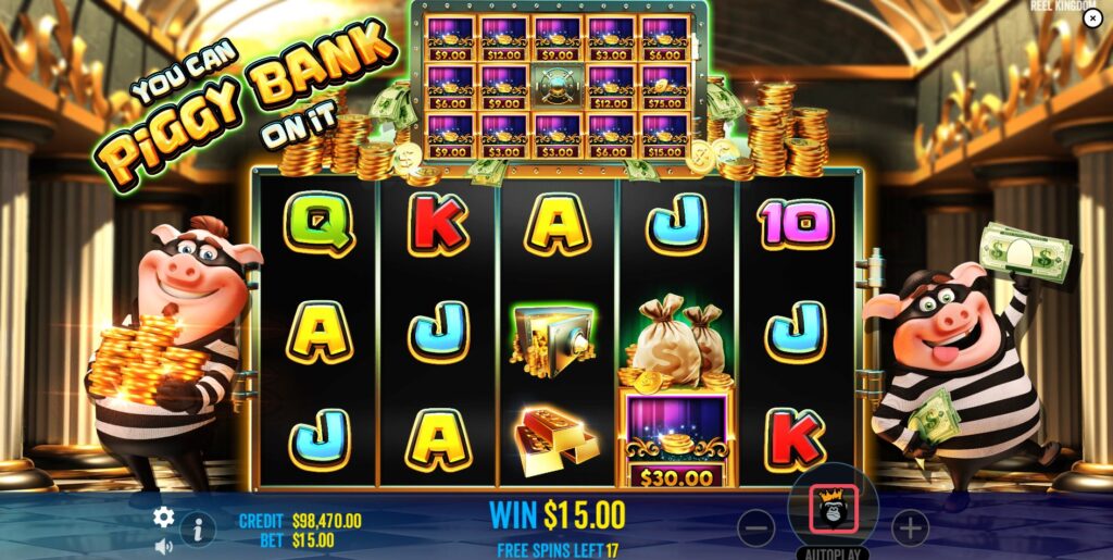 The Free Spins round with the vault open above the reels, displaying 14 money symbols.