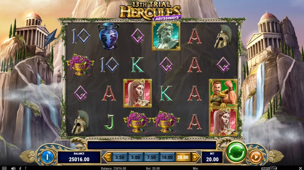 The base game grid of 13th Trial Hercules Abyssways, showing the mythological symbols and Mount Olympus background.