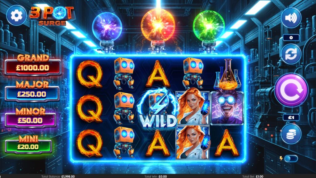 The base game reels of the 3 Pot Surge slot, showing the main characters and futuristic symbols.