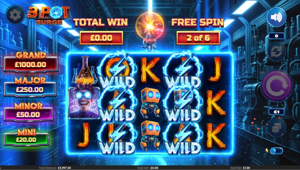 The Free Spins bonus round in action on the 3 Pot Surge slot, with multiple wilds visible.