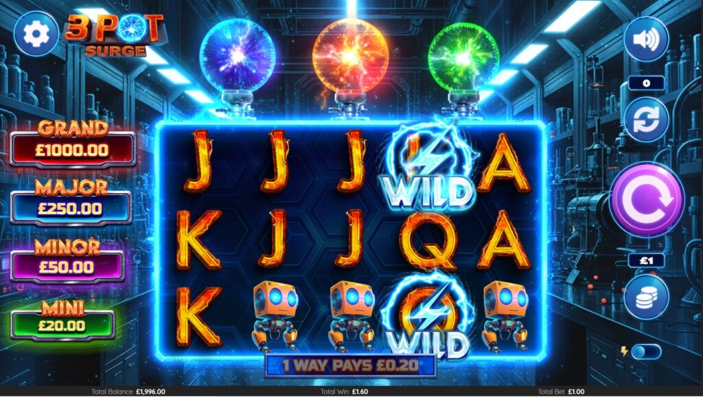 A persistent Lightning Wild symbol active on the reels in the 3 Pot Surge game.