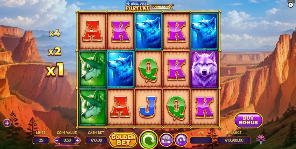 The 5x3 reel layout of the 4 Wolves of Fortune slot during base gameplay.