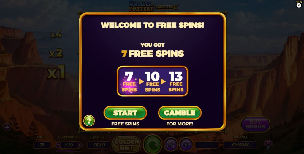 The trigger screen for the Free Spins bonus round in 4 Wolves of Fortune.
