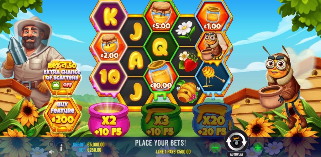 The Free Spins bonus round in Bee Keeper, with the Bee symbol collecting cash values from honey pot symbols and special multiplier pots at the bottom.
