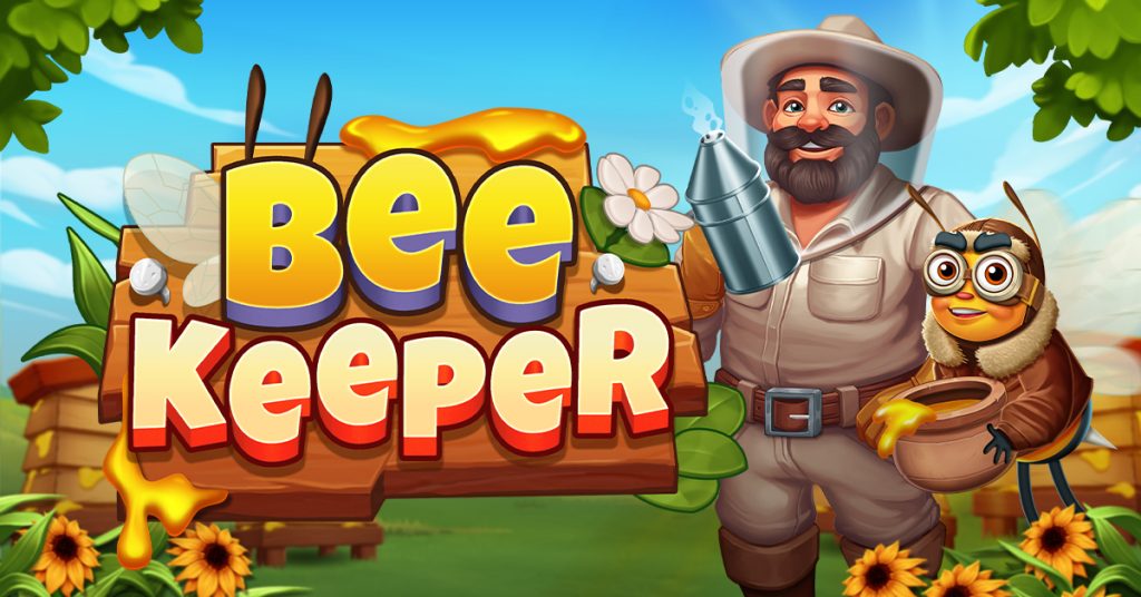 The official logo for the Bee Keeper slot by Pragmatic Play, featuring the title over a wooden board with a beekeeper and a bee character.