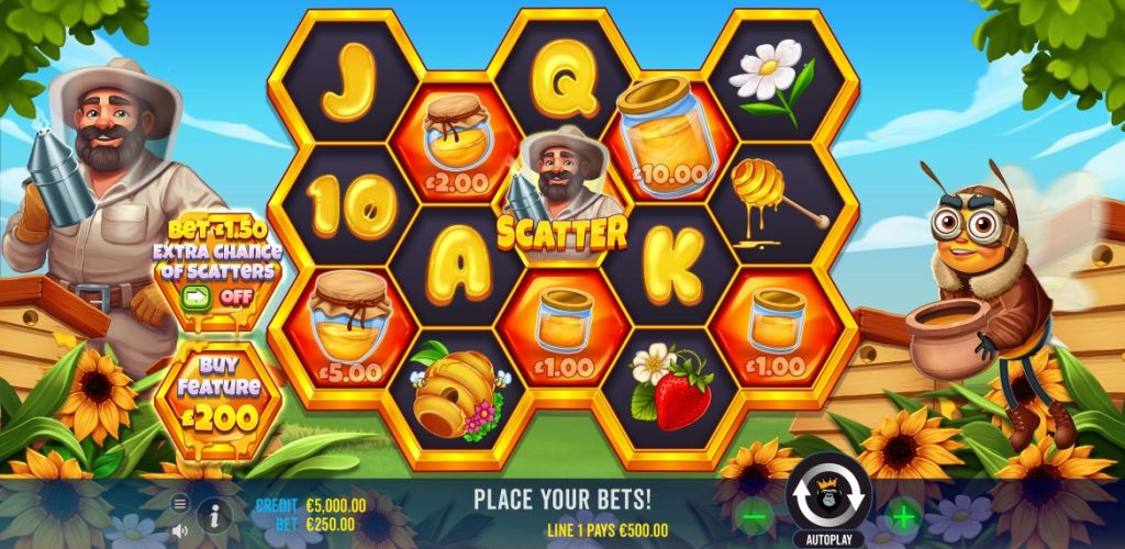The main game screen of the Bee Keeper slot, showing the 5x3 hexagonal reel grid, symbols, and user interface with the Ante Bet and Buy Feature options.