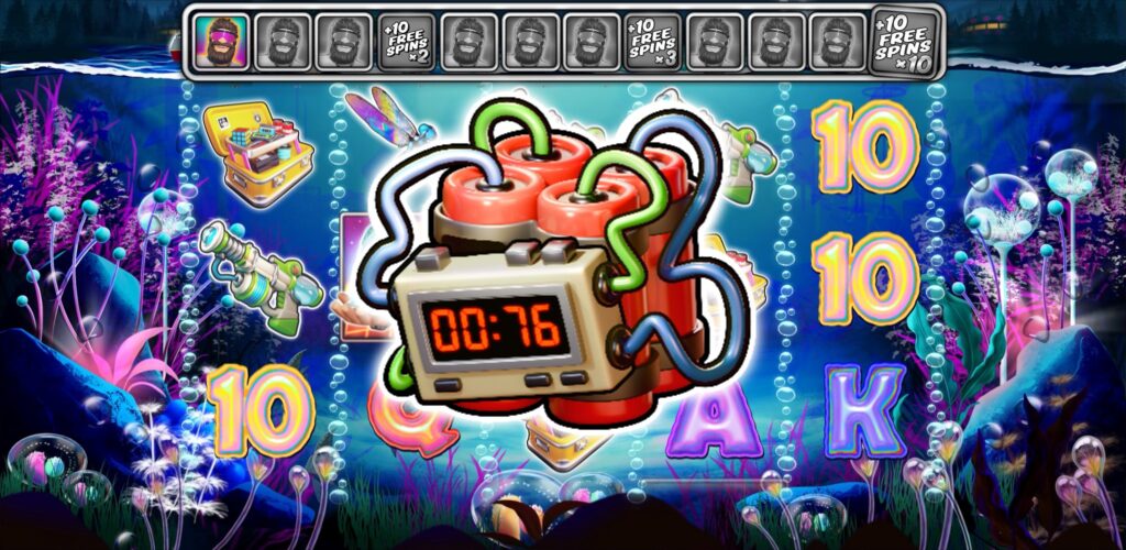  A close-up of a special bomb symbol with a timer on the reels of the Big Bass Reel Repeat slot.
