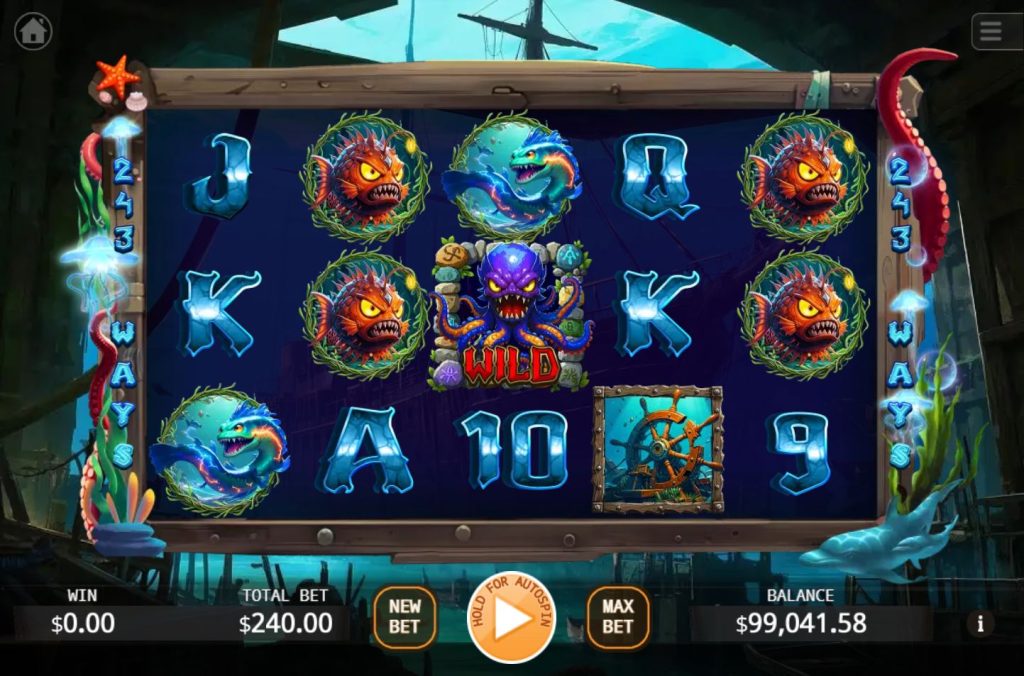 Deep Sea Monster slot base game reels with sea creature symbols.