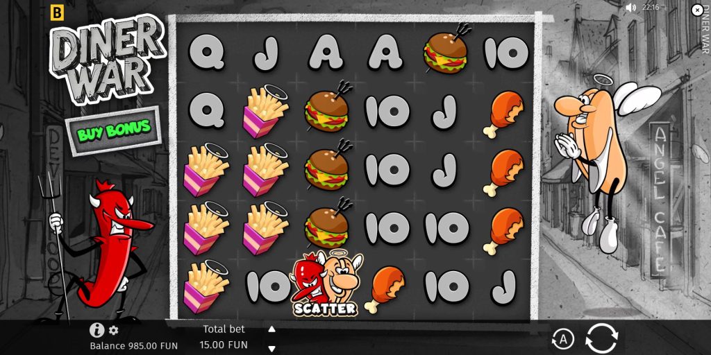 The main game grid of the Diner War slot, showing the 6x5 layout and cartoon characters.