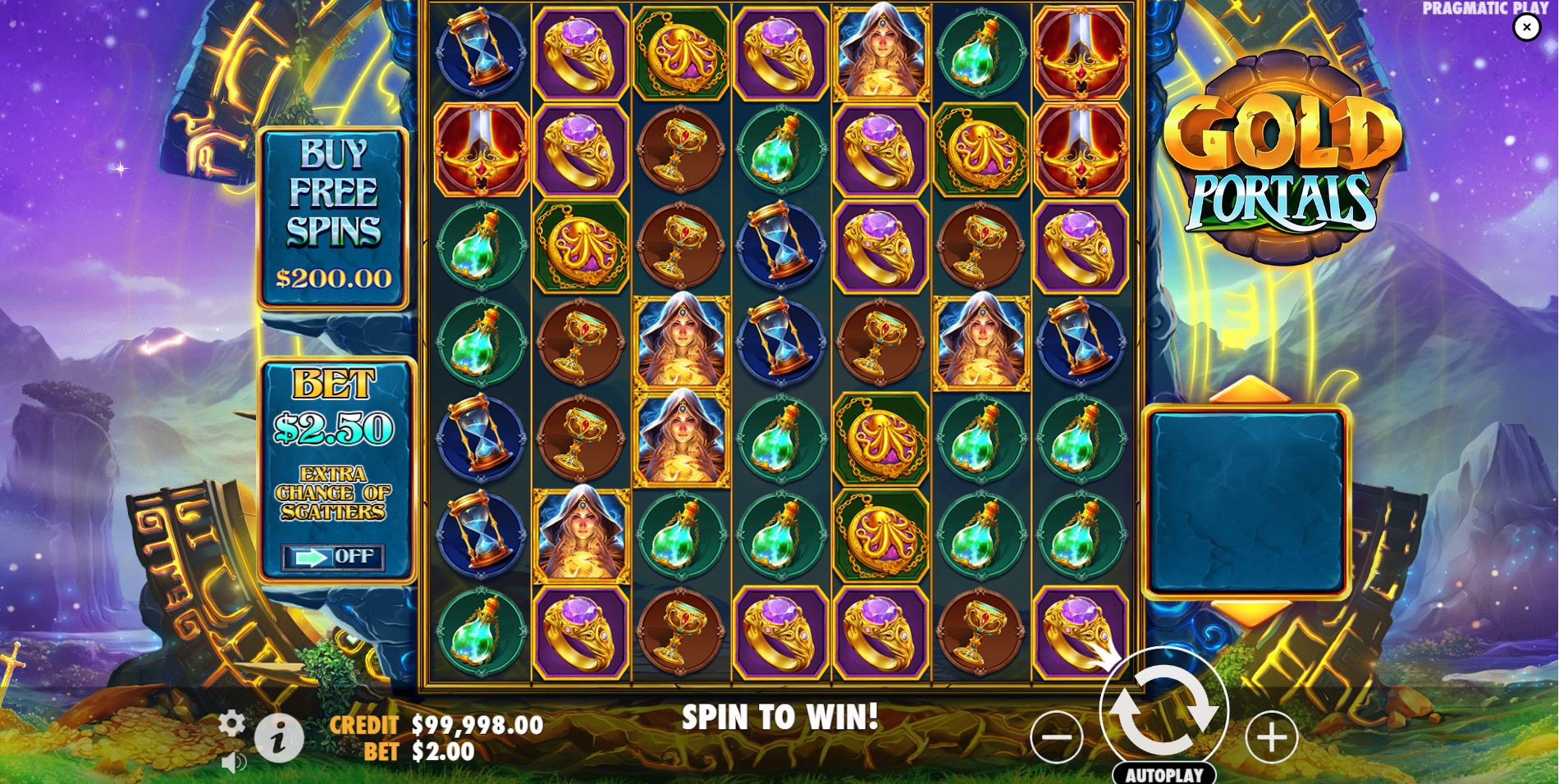 The 7x7 grid of the Gold Portals slot by Pragmatic Play, showing various magical symbols.