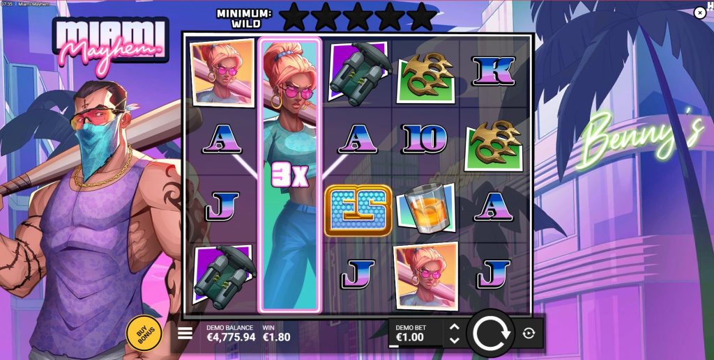 The main game grid of Miami Mayhem slot with the character Diego el Fuego on the side.