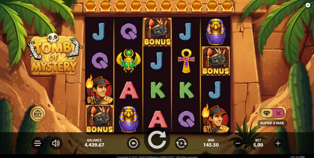 The base game grid of the Tomb of Mystery slot, showing the archaeologist and Egyptian symbols.