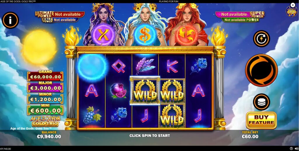 The main game screen of Age of the Gods: Gold Trio slot, showing the 5x3 reel layout and the three goddesses.