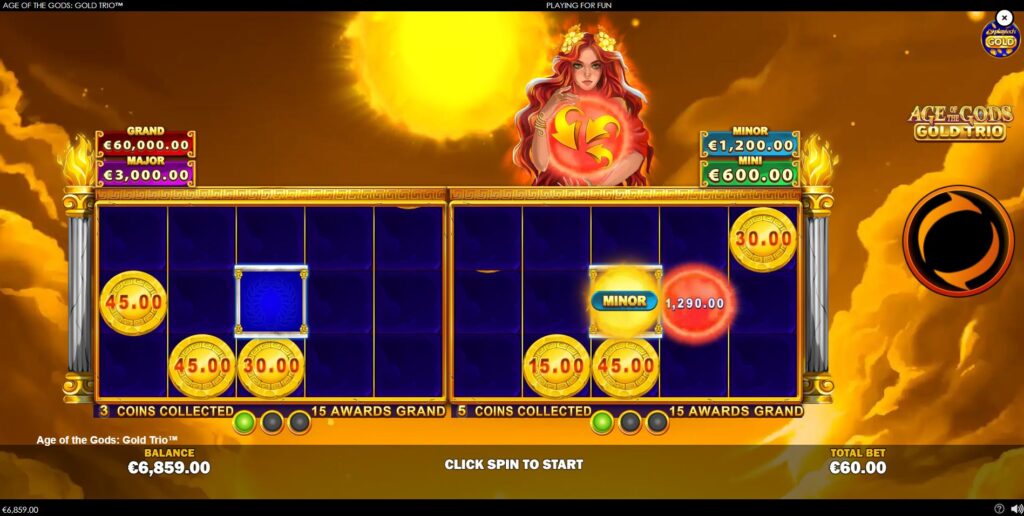 The dual grid feature is active during the bonus round of Age of the Gods: Gold Trio.