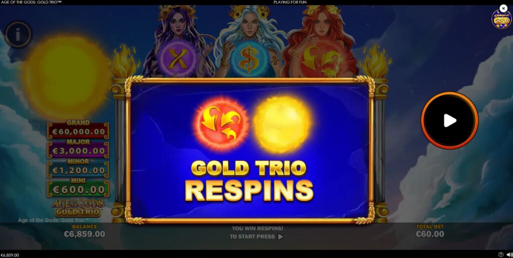 The Gold Trio Respins feature is triggered by landing coloured coins.