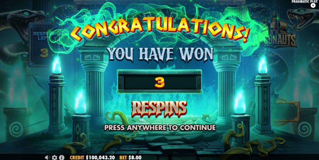 Six golden money symbols landing on the reels, triggering the Respin feature in the Argonauts slot.