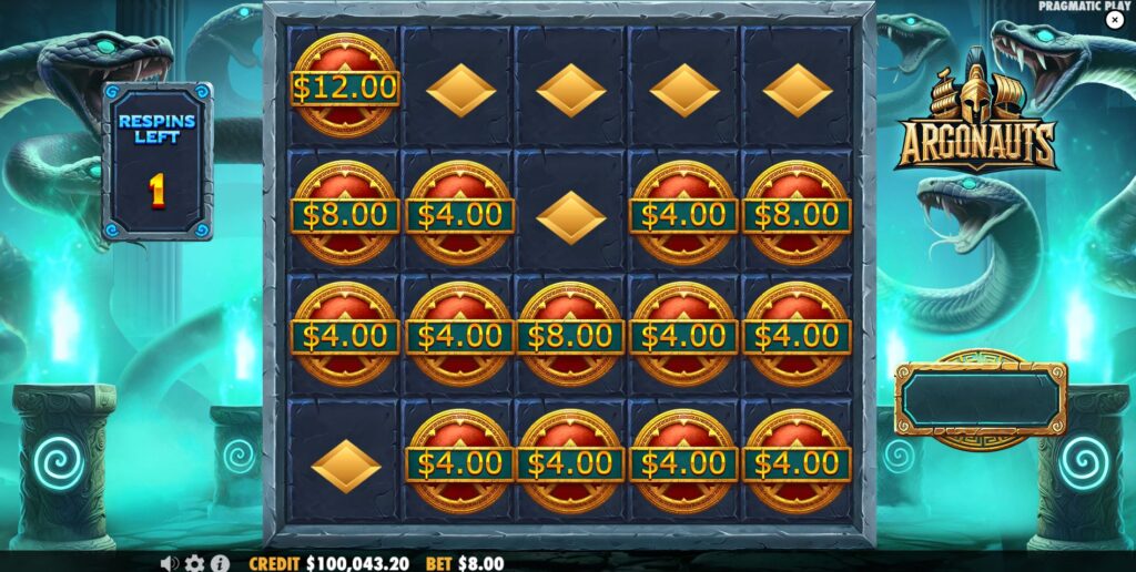 The Respin bonus round in Argonauts, with several sticky money symbols locked on the grid and the respin counter active.