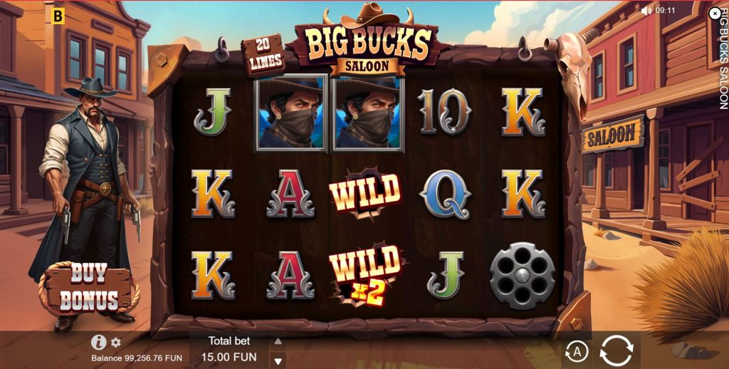 The main 5x3 reel layout of the Big Bucks Saloon slot, showing the character symbols.