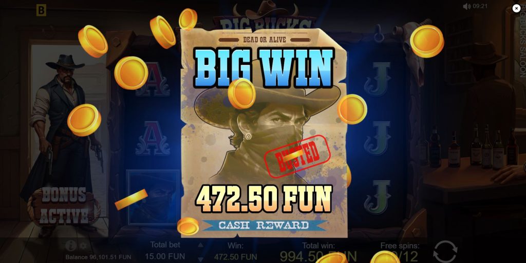 A big win screen demonstrating the high payout potential of the Big Bucks Saloon slot.
