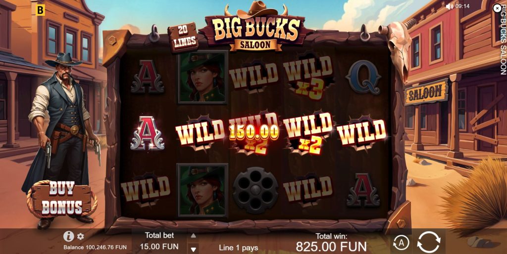 An example of multiplier wilds with x2 and x3 values on the screen in Big Bucks Saloon.