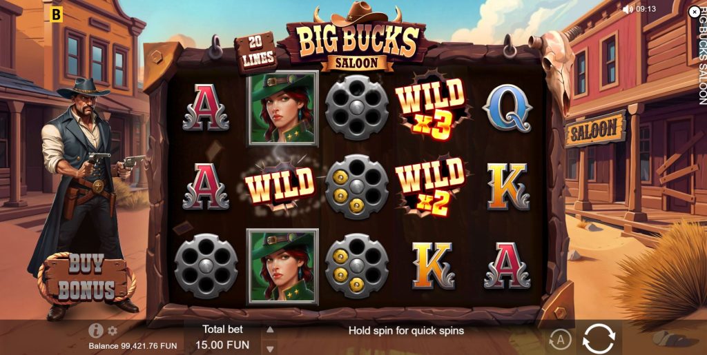 The Revolver feature activating on the reels of the Big Bucks Saloon game, ready to shoot wilds.