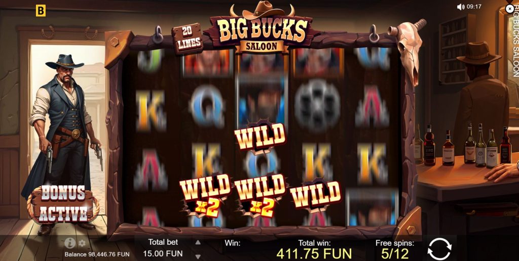 The Free Spins bonus round in Big Bucks Saloon with multiple sticky wilds locked in place.