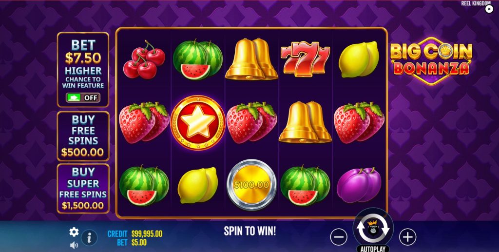 The base game grid of Big Coin Bonanza slot with various fruit and money symbols.