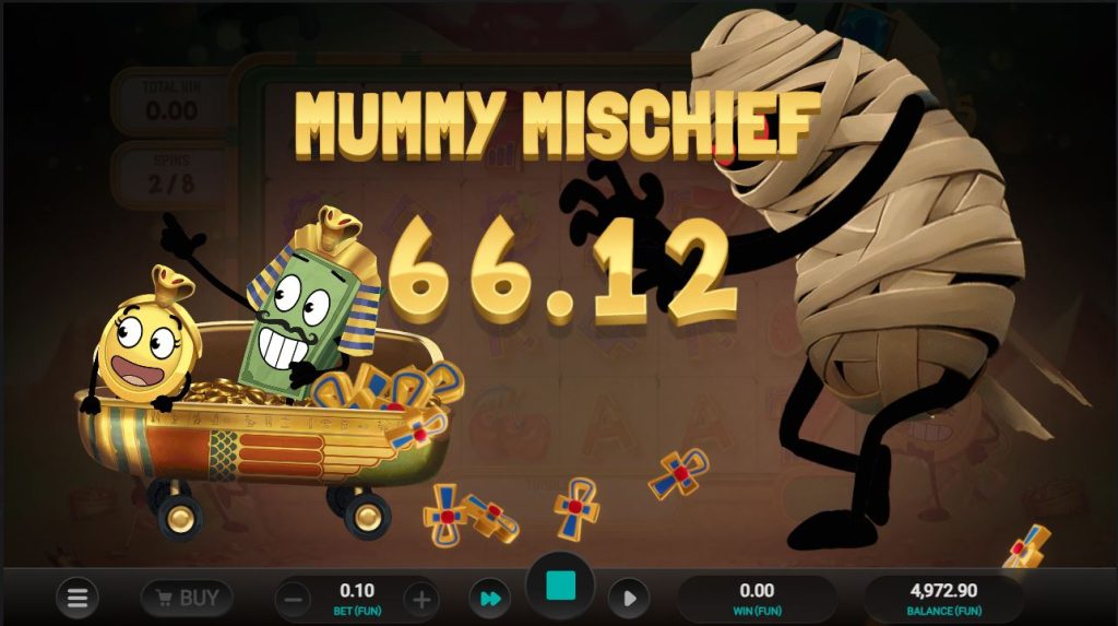 The big win screen displaying a significant payout with the main characters celebrating.