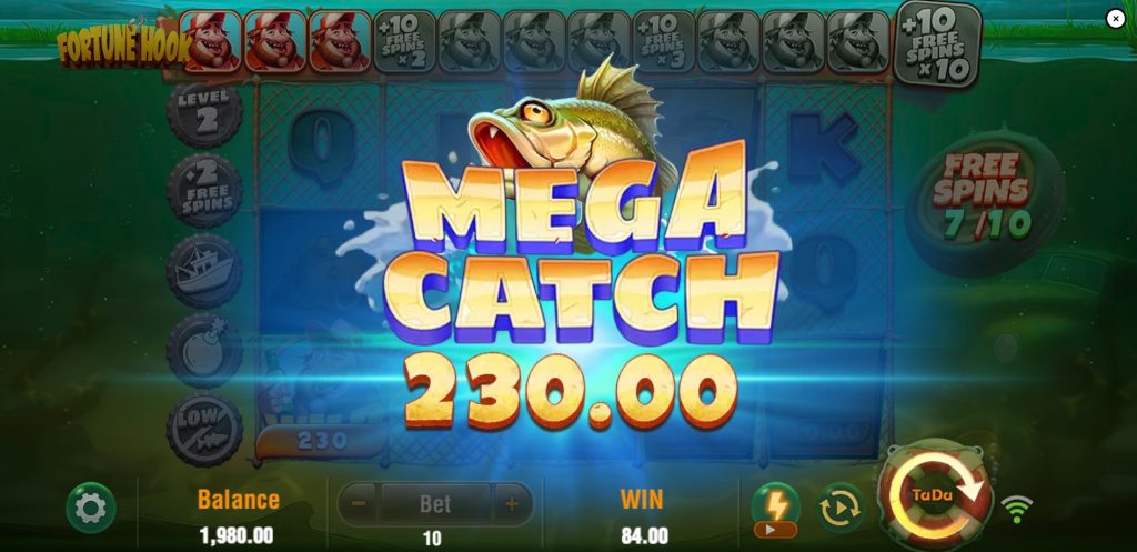 A large win screen displaying a significant payout in the Fortune Hook slot.