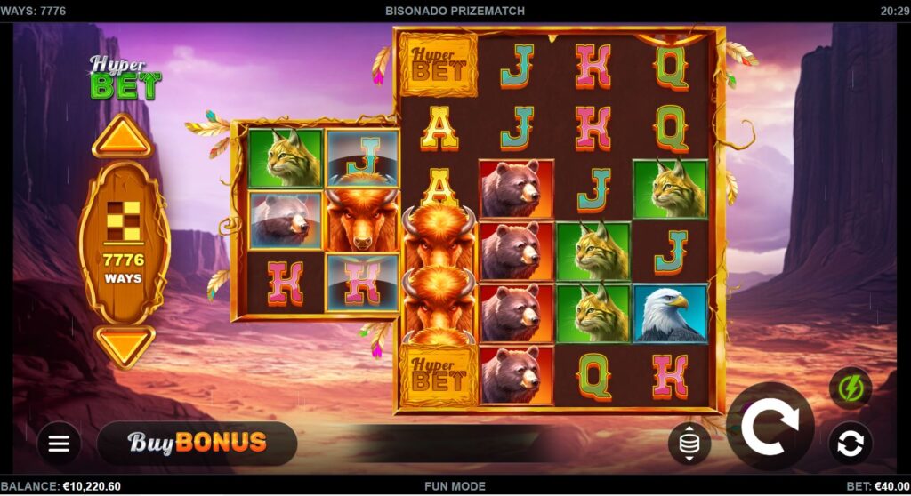 The base game reel layout of Bisonado PrizeMatch slot showing the 3-3-6-6-6-6 grid.