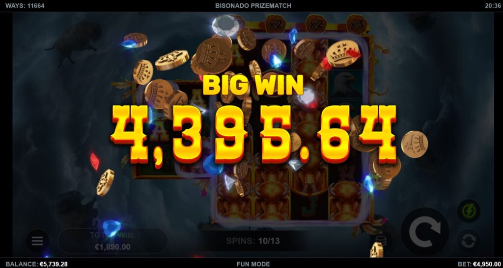 A big win screen celebrating a large payout in the Bisonado PrizeMatch slot game.