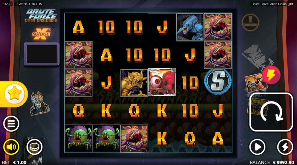 The base game grid of Brute Force: Alien Onslaught slot, showing the 6x5 layout and alien symbols.